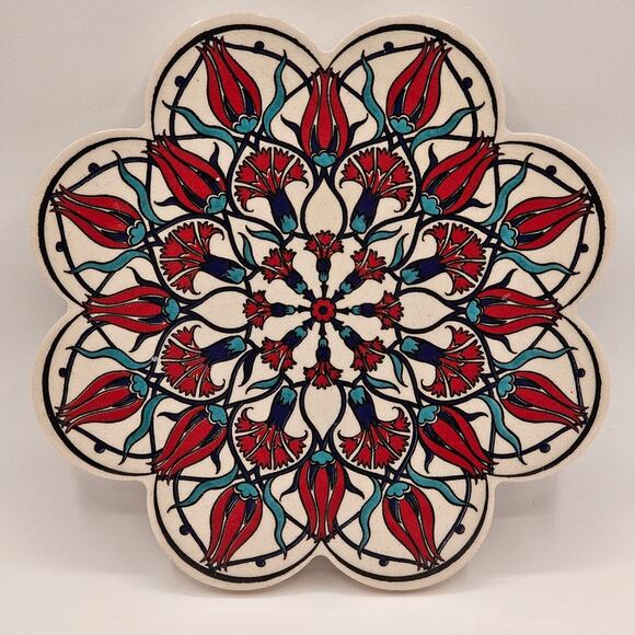 Vintage Turkish Trivet Pot Stand - Beautiful Hand Painted Ceramic Floral Tile - Picture 4 of 7